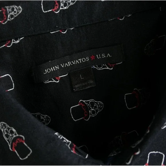 John Varvatos Button Down L Slash Skull Top Hat Print Mens S/S Shirt Rock & Roll - Picture 8 of 10